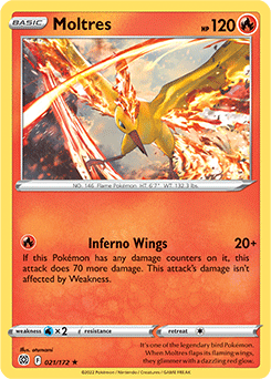 Rare Holo Pokémon card Moltres 021/172 from Brilliant Stars expansion