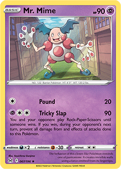 Rare Pokémon card Mr. Mime 067/196 from Lost Origin expansion