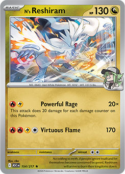 Carte Pokémon Rare Reshiram de N 154/217 de la série Héros Transcendants