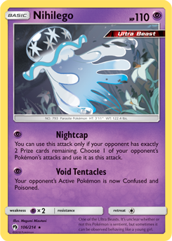 Rare holo Pokémon card Nihilego 106/214 from Lost Thunder expansion