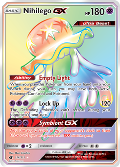 Secret Rainbow GX Pokémon card Nihilego GX 114/111 from Crimson Invasion expansion