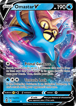 Ultra rare V Pokémon card Omastar V 035/195 from Silver Tempest expansion