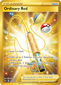 Secret Gold Pokémon card Ordinary Rod 215/202 from Sword & Shield expansion
