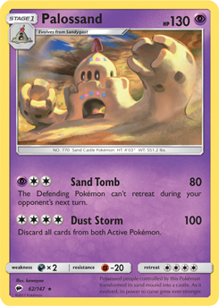 Rare holo Pokémon card Palossand 62/147 from Burning Shadows expansion