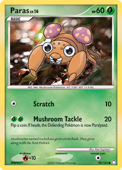 Common Pokémon card Paras 92/123 from Mysterious Treasures expansion
