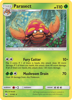 Rare Pokémon card Parasect 5/149 from Sun & Moon expansion
