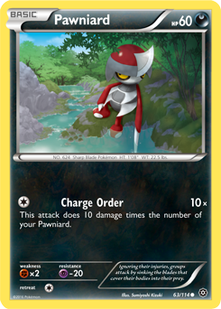 Common Pokémon card Pawniard 63/114 from Steam Siege expansion