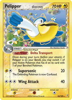 Rare Pokémon card Pelipper 26/100 from Ex Crystal Guardians expansion