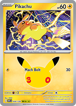 Pikachu rare Pokémon card Pikachu 030/128 from 30th Celebration expansion