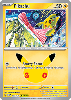 Pikachu rare Pokémon card Pikachu 032/128 from 30th Celebration expansion