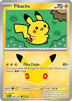 Pikachu rare Pokémon card Pikachu 034/128 from 30th Celebration expansion