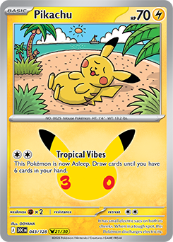 Pikachu rare Pokémon card Pikachu 043/128 from 30th Celebration expansion
