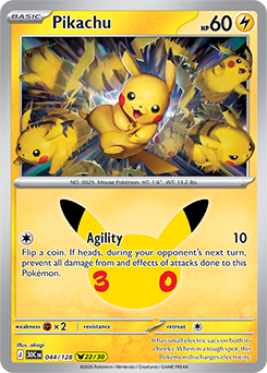 Pikachu rare Pokémon card Pikachu 044/128 from 30th Celebration expansion