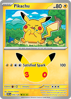 Pikachu rare Pokémon card Pikachu 050/128 from 30th Celebration expansion