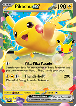 Double rare Pokémon card Pikachu ex 053/128 from 30th Celebration expansion