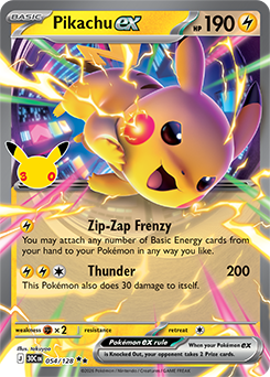 Double rare Pokémon card Pikachu ex 054/128 from 30th Celebration expansion