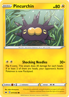 Common Pokémon card Pincurchin 77/202 from Sword & Shield expansion