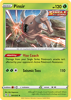 Rare Pokémon card Pinsir 1/203 from Evolving Skies expansion