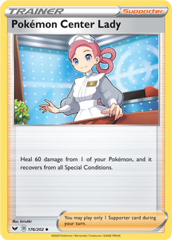 Uncommon Pokémon card Pokémon Center Lady 176/202 from Sword & Shield expansion
