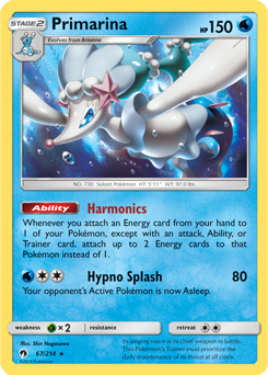 Rare Pokémon card Primarina 67/214 from Lost Thunder expansion