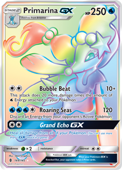 Secret Rainbow GX Pokémon card Primarina GX 149/145 from Guardians Rising expansion