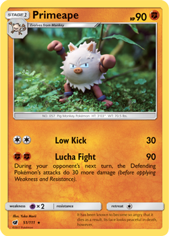 Rare Pokémon card Primeape 51/111 from Crimson Invasion expansion