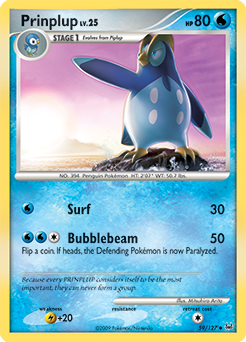 Uncommon Pokémon card Prinplup 59/127 from Platinuim expansion