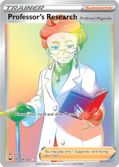 Secret Rainbow Trainer Pokémon card Professor's Research 209/202 from Sword & Shield expansion