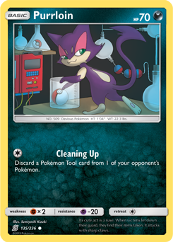 Common Pokémon card Purrloin 135/236 from Unified Minds expansion