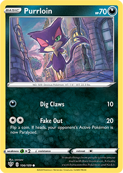 Common Pokémon card Purrloin 106/189 from Darkness Ablaze expansion