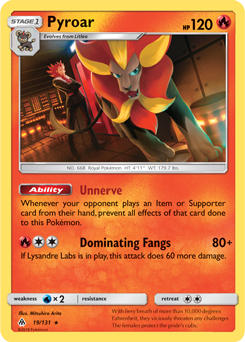 Rare holo Pokémon card Pyroar 19/131 from Forbidden Light expansion