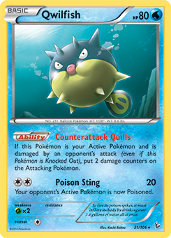 Rare Pokémon card Qwilfish 21/106 from Flashfire expansion