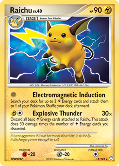 Rare holo Pokémon card Raichu 15/123 from Mysterious Treasures expansion