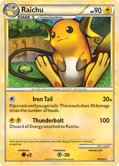 Rare holo Pokémon card Raichu 10/123 from HeartGold SoulSilver expansion