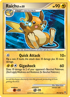 Uncommon Pokémon card Raichu 77/147 from Supreme Victors expansion