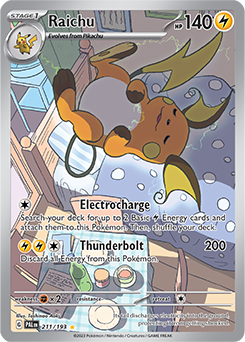 Illustration rare Pokémon card Raichu 211/193 from Paldea Evolved expansion