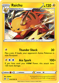 Rare Pokémon card Raichu 053/196 from Lost Origin expansion