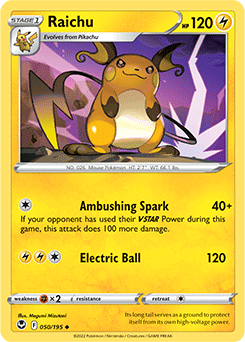 Uncommon Pokémon card Raichu 050/195 from Silver Tempest expansion