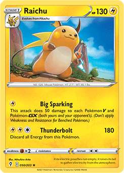 Rare Holo Pokémon card Raichu 50/203 from Evolving Skies expansion