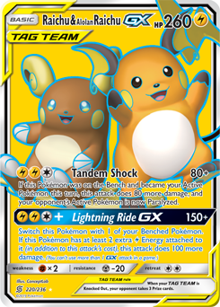 Full Art Pokémon Pokémon card Raichu Alolan Raichu GX 220/236 from Unified Minds expansion
