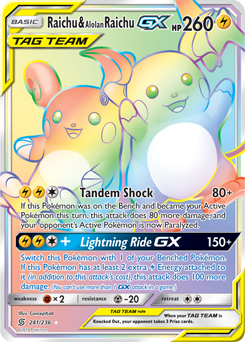 Secret Rainbow GX Pokémon card Raichu Alolan Raichu GX 241/236 from Unified Minds expansion