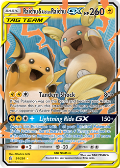 Pokémon GX Pokémon card Raichu Alolan Raichu GX 54/236 from Unified Minds expansion