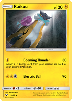 Rare holo Pokémon card Raikou 32/73 from Shining Legends expansion
