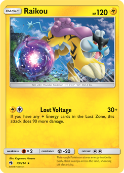 Rare Pokémon card Raikou 79/214 from Lost Thunder expansion