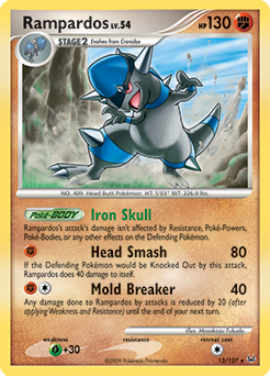 Rare holo Pokémon card Rampardos 13/127 from Platinuim expansion