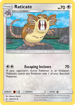 Uncommon Pokémon card Raticate 144/214 from Unbroken Bonds expansion