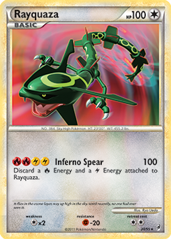 Rare holo Pokémon card Rayquaza 20/95 from Call of Legends expansion
