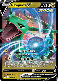 Ultra rare V Pokémon card Rayquaza V 110/203 from Evolving Skies expansion