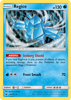 Rare holo Pokémon card Regice 28/111 from Crimson Invasion expansion