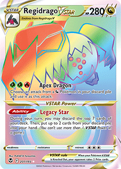 Rainbow VSTAR Pokémon card Regidrago VSTAR 201/195 from Silver Tempest expansion